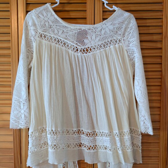 De Philo  Golden Tote Open Back La Boheme Blouse Medium Boho White Lace Crochet - Picture 1 of 16
